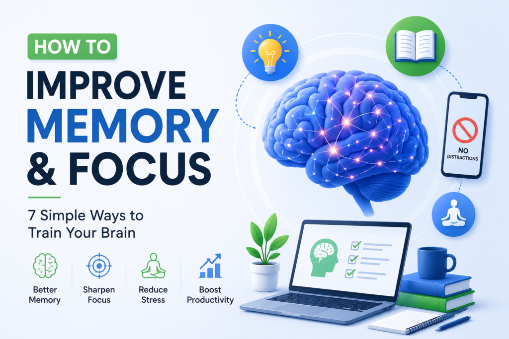 Person improving memory and focus by studying in a distraction-free workspace with healthy daily habits.