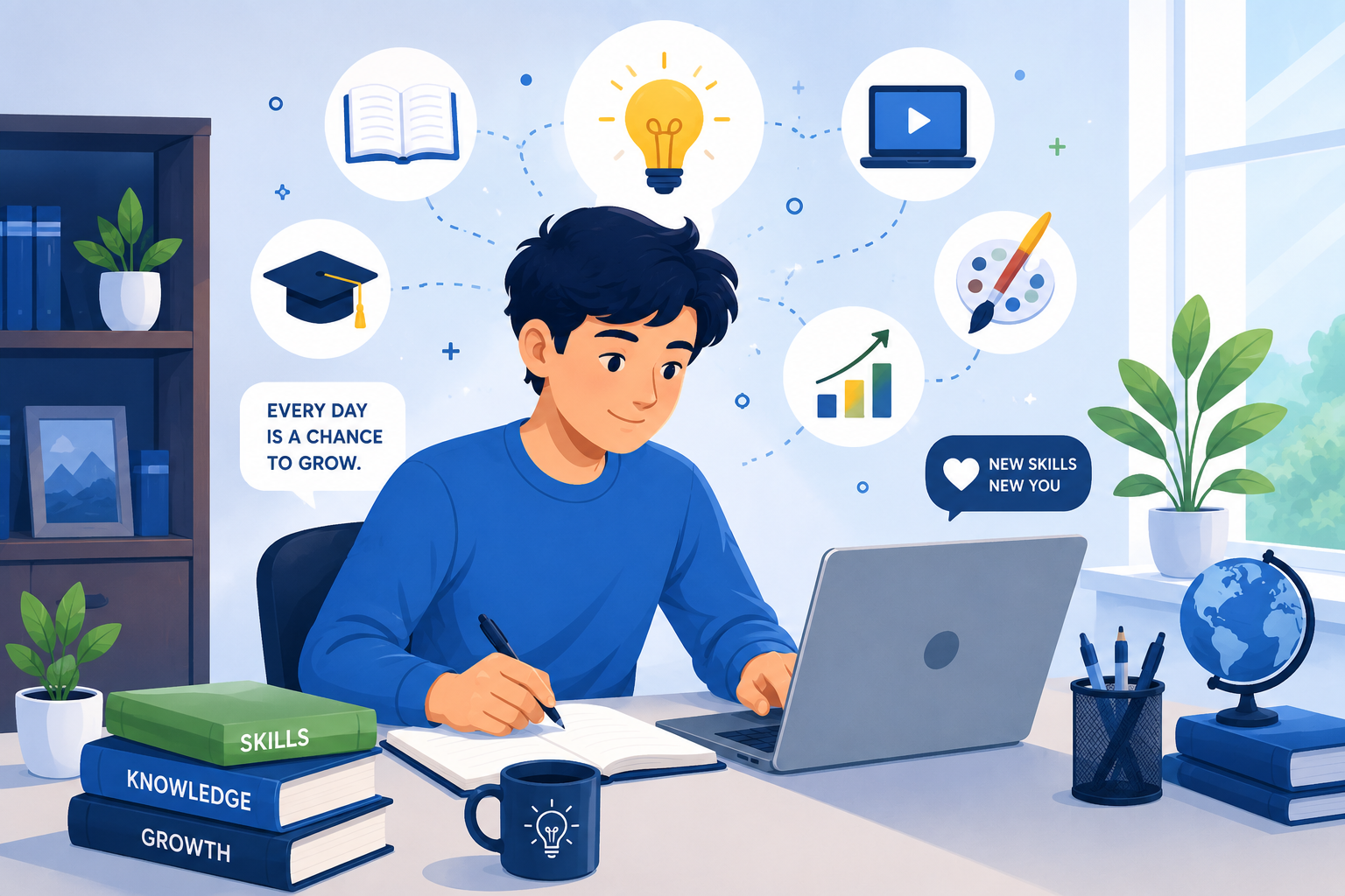 Flat vector illustration of a student learning new skills using books and a laptop to improve memory and focus.