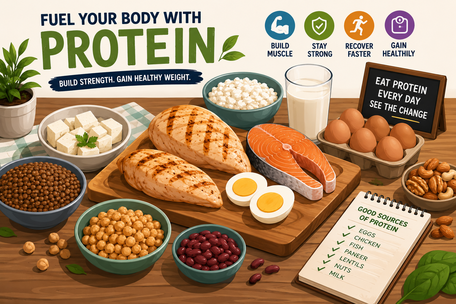 Illustration of healthy protein-rich foods like eggs, chicken, milk, fish, nuts, and beans for natural weight gain.Protein-rich meals help your body build lean muscle instead of unwanted fat.