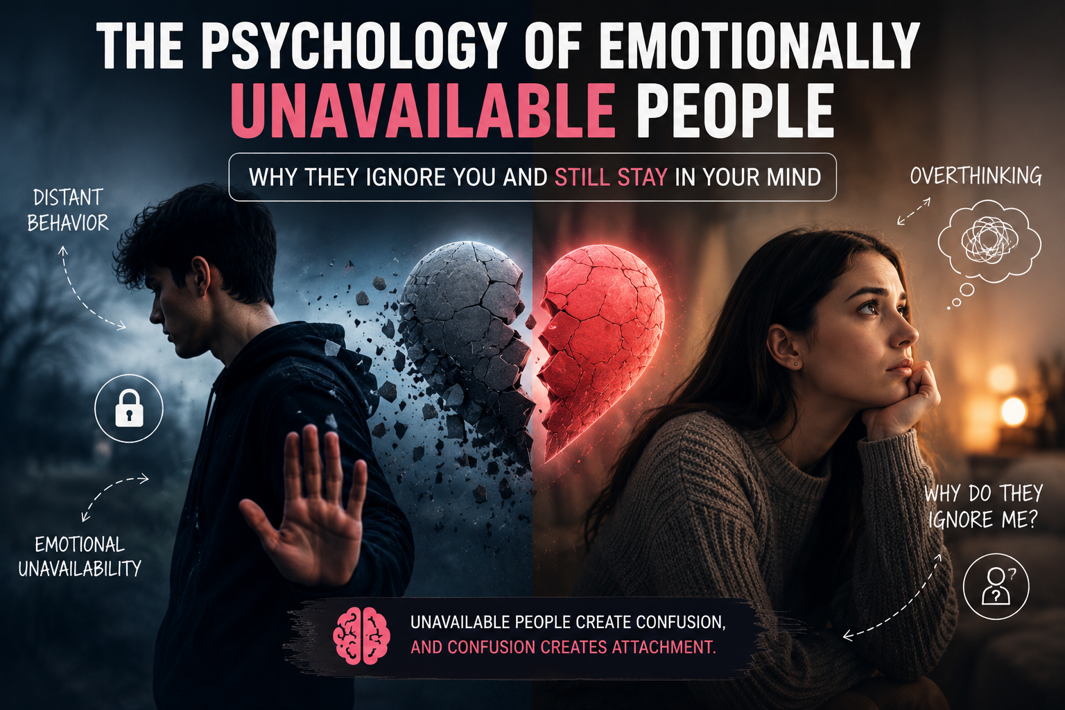 Emotionally unavailable person psychology attraction concept illustration
