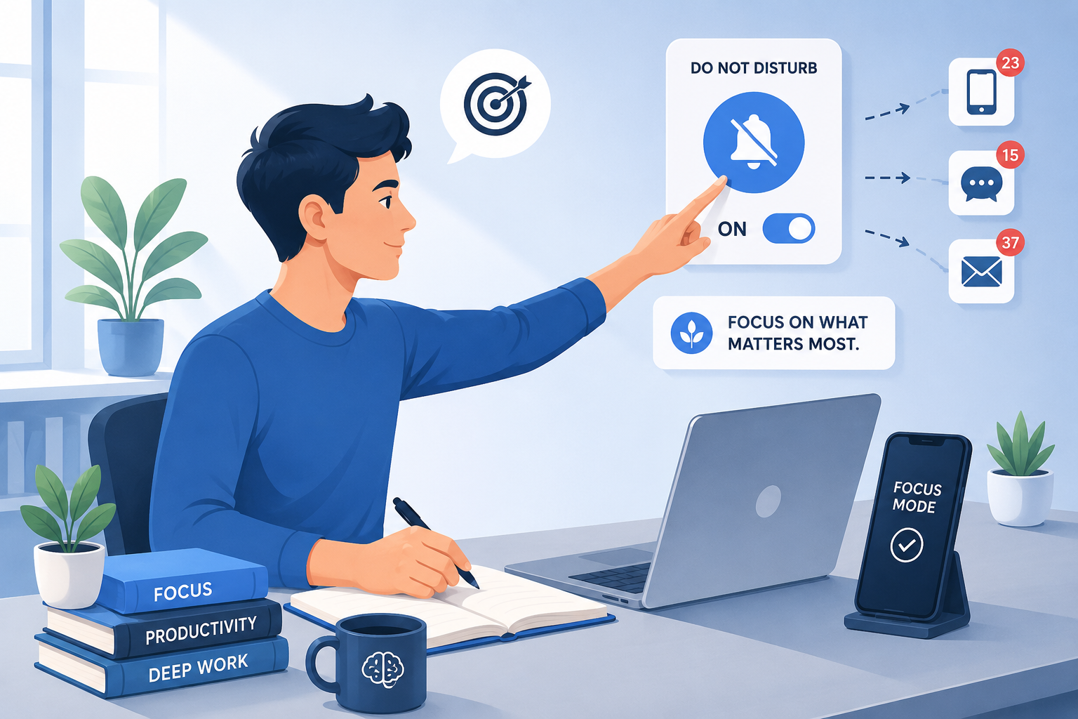 Modern flat illustration of a person turning on focus mode and reducing digital distractions while studying.