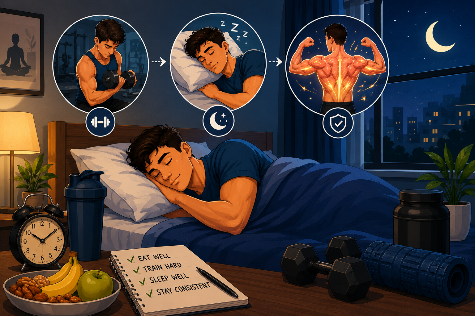 Illustration of a person sleeping peacefully while the body recovers and builds muscle after exercise.