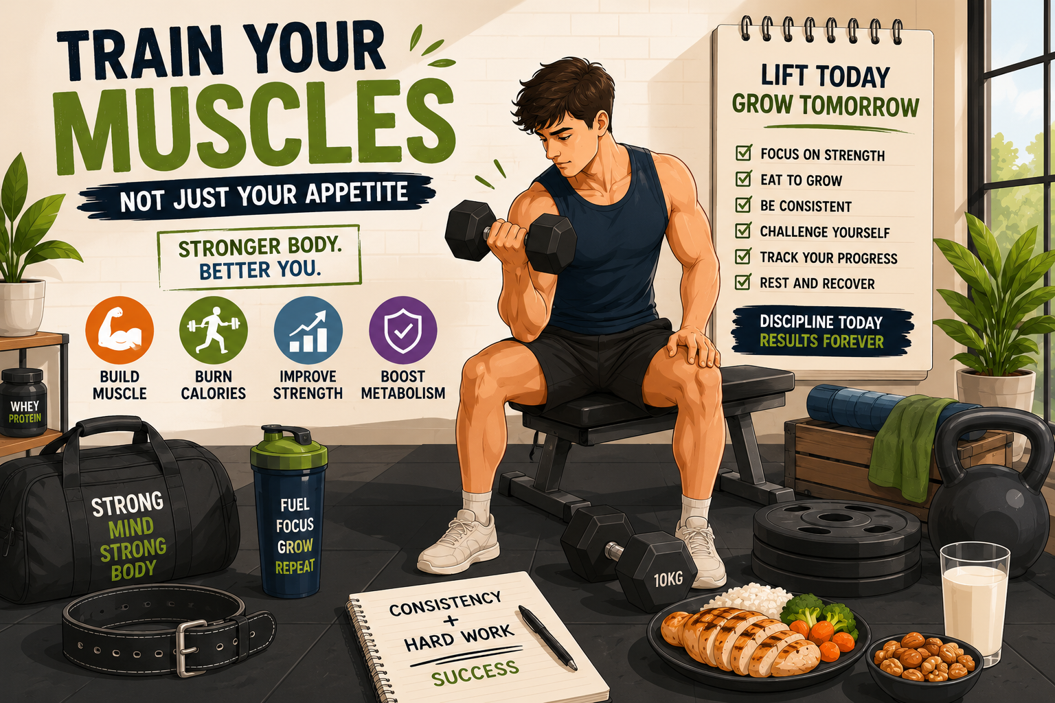 Modern fitness illustration showing a beginner performing strength training to build muscle naturally.