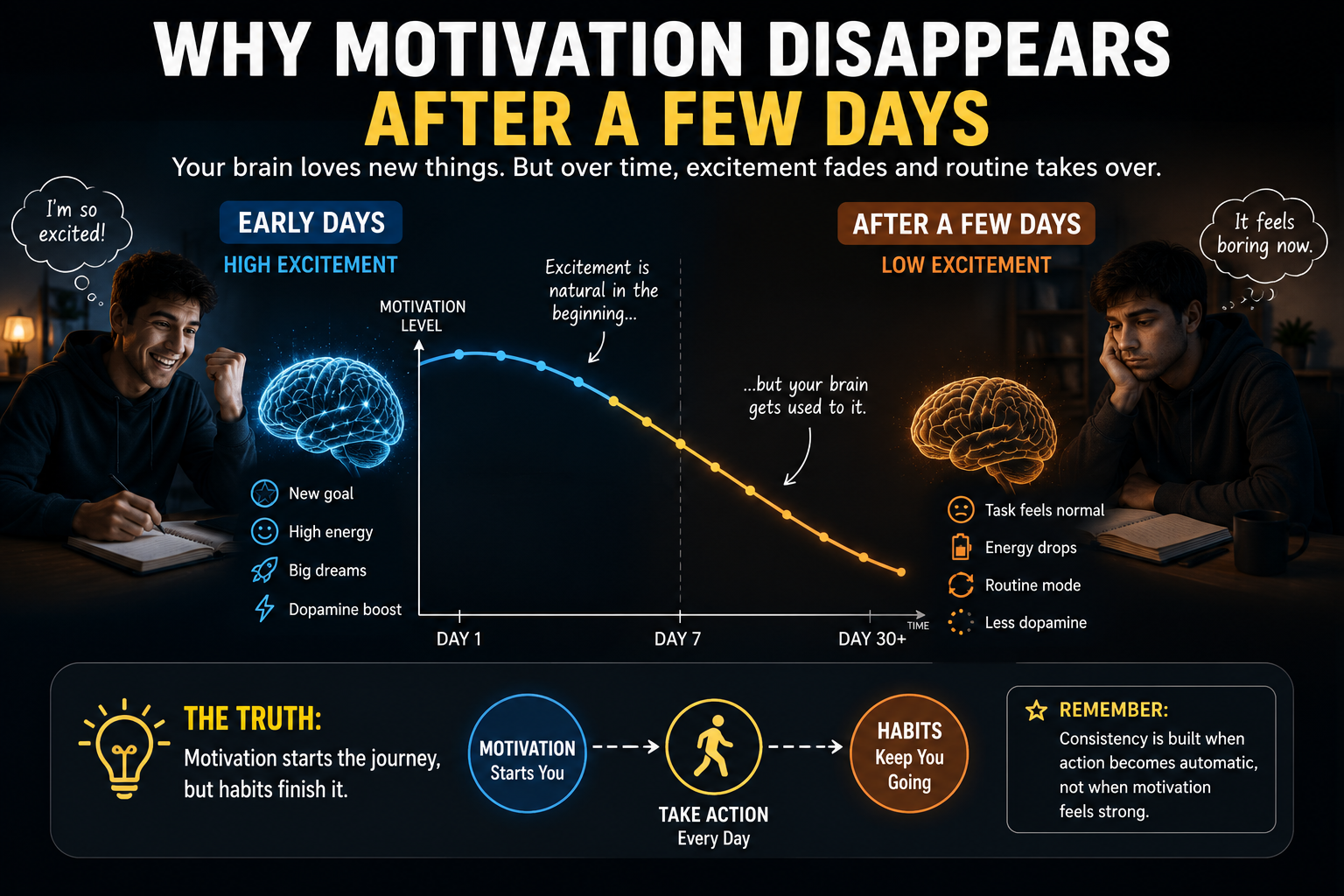 Why motivation disappears after a few days and how the brain forms habits